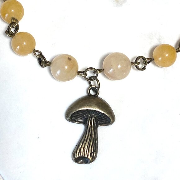 Genuine Yellow Aventurine Short Necklace,Bronze Slim Mushroom + Natural Gemstone - Picture 5 of 16